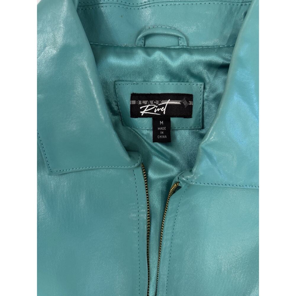 Women's Black Rivet M Lether Jacket, Aqua Blue - Picture 2 of 7